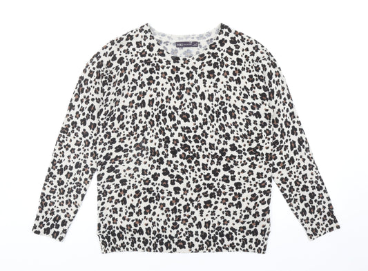 Marks and Spencer Womens Brown Scoop Neck Animal Print Acrylic Pullover Jumper Size 12 - Leopard print
