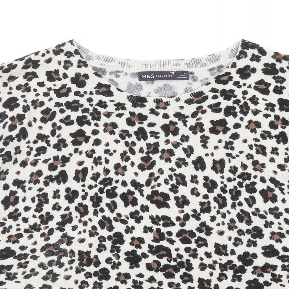 Marks and Spencer Womens Brown Scoop Neck Animal Print Acrylic Pullover Jumper Size 12 - Leopard print