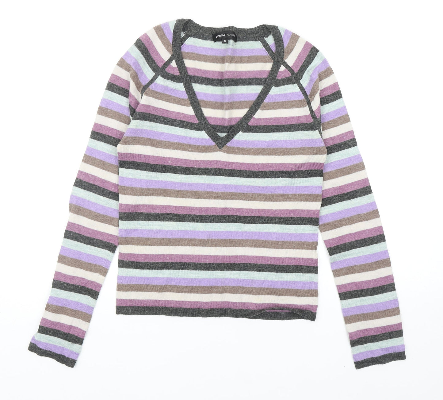Great Plains Womens Multicoloured V-Neck Striped Acrylic Pullover Jumper Size S