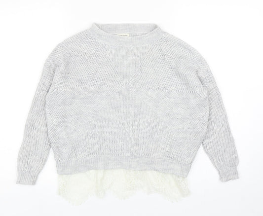River Island Girls Grey Round Neck Acrylic Pullover Jumper Size 9-10 Years Pullover - Lace Hem