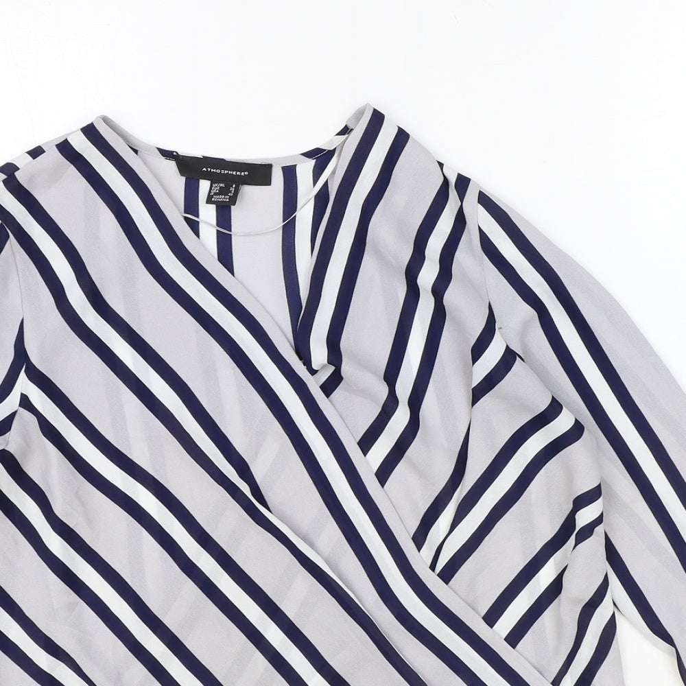 Atmosphere Womens Blue Striped Polyester Basic Blouse Size 8 V-Neck