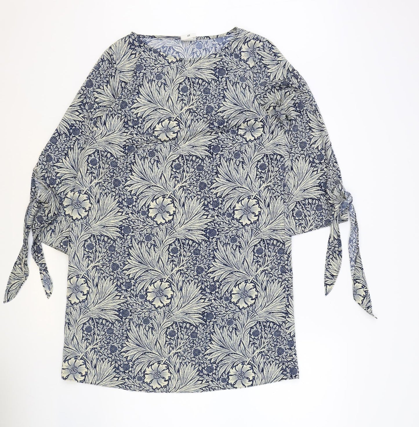 H&M Womens Blue Floral Polyester Shift Size 8 Boat Neck Pullover - Wide Sleeves Tie Detail