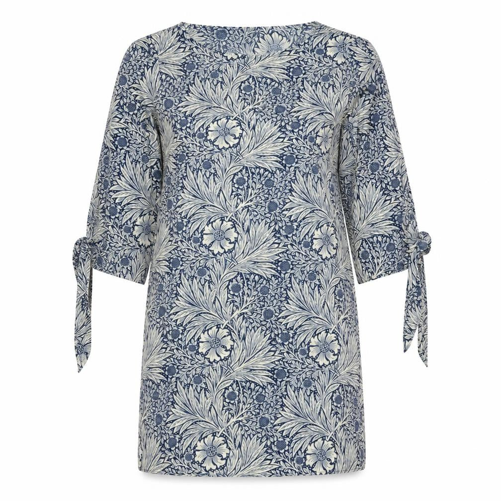 H&M Womens Blue Floral Polyester Shift Size 8 Boat Neck Pullover - Wide Sleeves Tie Detail