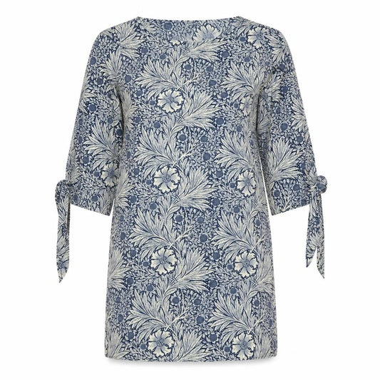 H&M Womens Blue Floral Polyester Shift Size 8 Boat Neck Pullover - Wide Sleeves Tie Detail