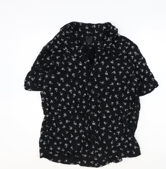 H&M Womens Black Geometric Viscose Basic Button-Up Size M Collared - Palm Tree Pattern