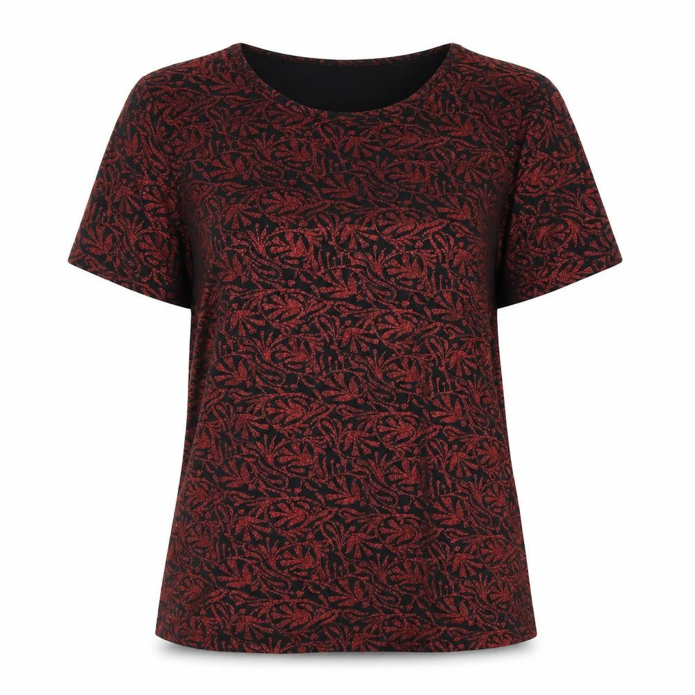 Jaclyn Smith Womens Red Geometric Polyester Basic Blouse Size M Round Neck