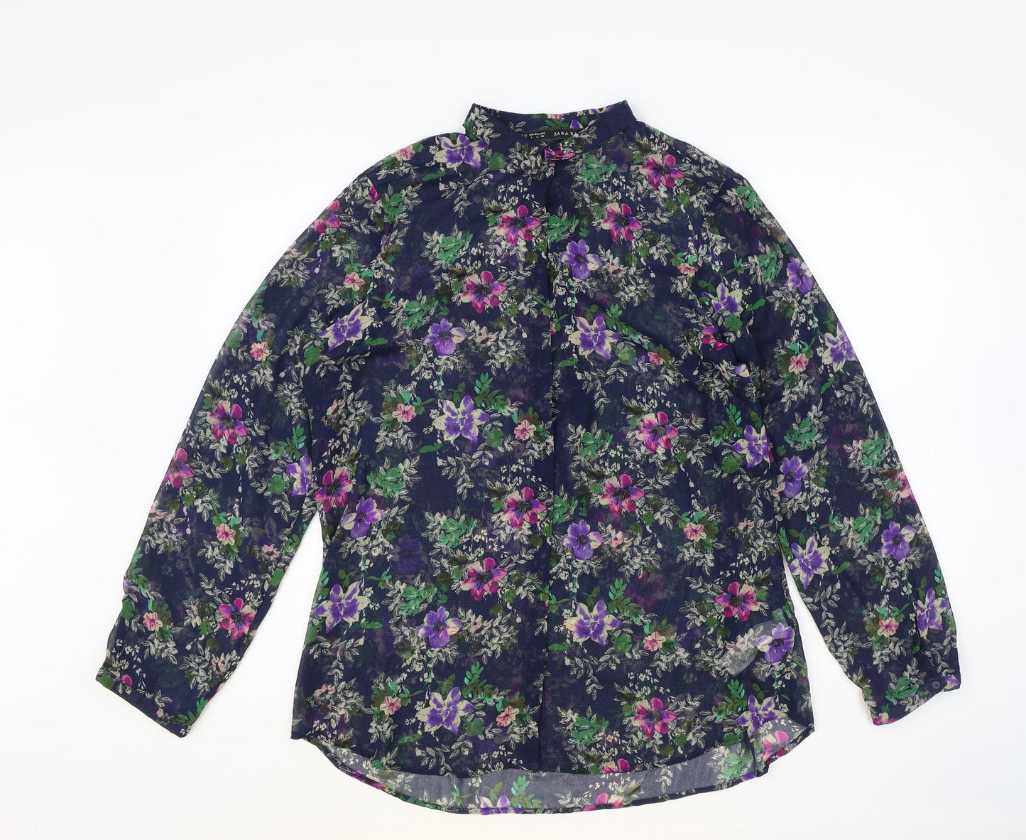 Zara Womens Blue Floral Polyester Basic Button-Up Size L Collared