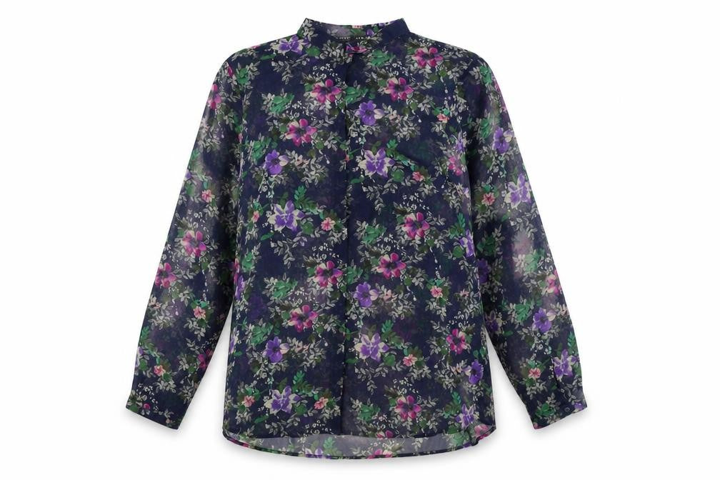 Zara Womens Blue Floral Polyester Basic Button-Up Size L Collared