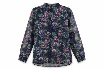 Zara Womens Blue Floral Polyester Basic Button-Up Size L Collared
