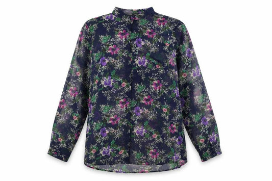 Zara Womens Blue Floral Polyester Basic Button-Up Size L Collared