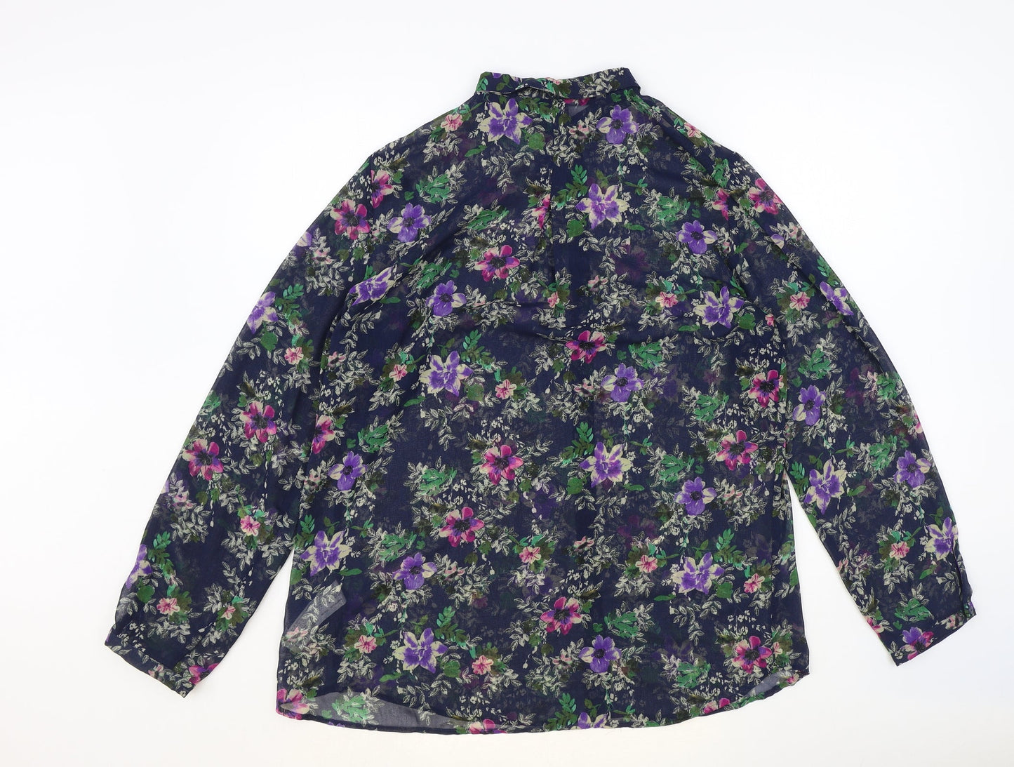 Zara Womens Blue Floral Polyester Basic Button-Up Size L Collared