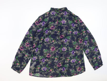 Zara Womens Blue Floral Polyester Basic Button-Up Size L Collared