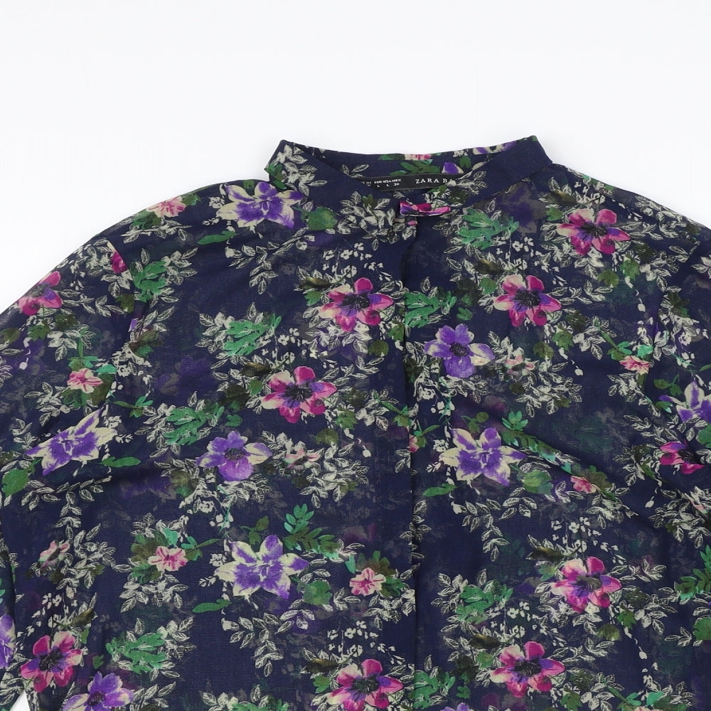 Zara Womens Blue Floral Polyester Basic Button-Up Size L Collared