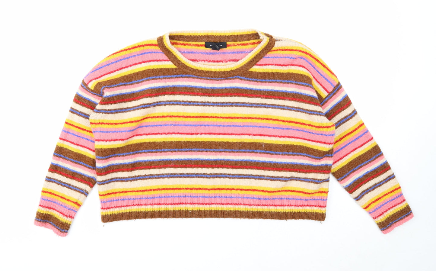 New Look Womens Multicoloured Boat Neck Striped Acrylic Pullover Jumper Size M - Cropped