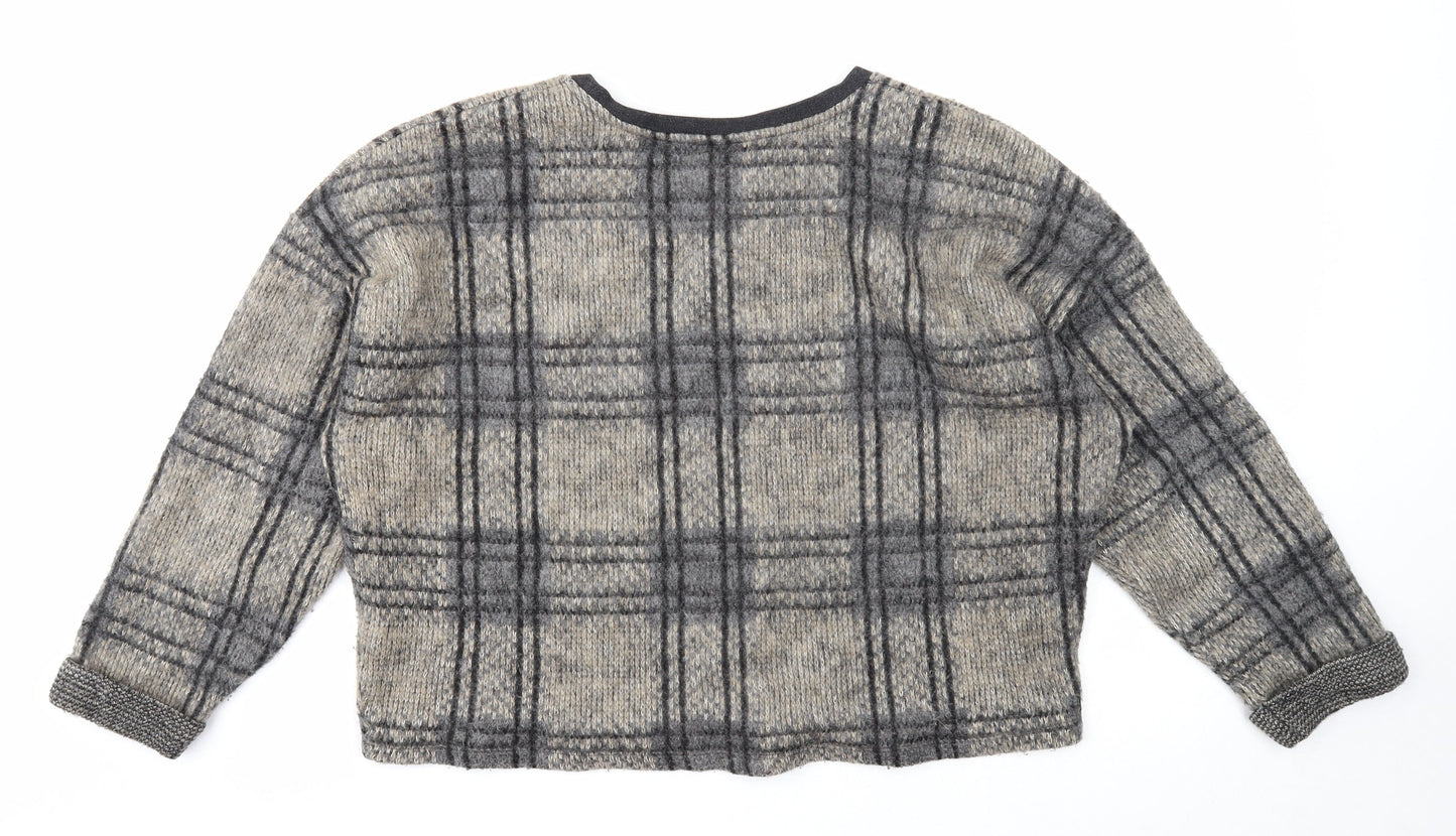 Topshop Womens Grey Scoop Neck Plaid Acrylic Pullover Jumper Size 16 - Cropped