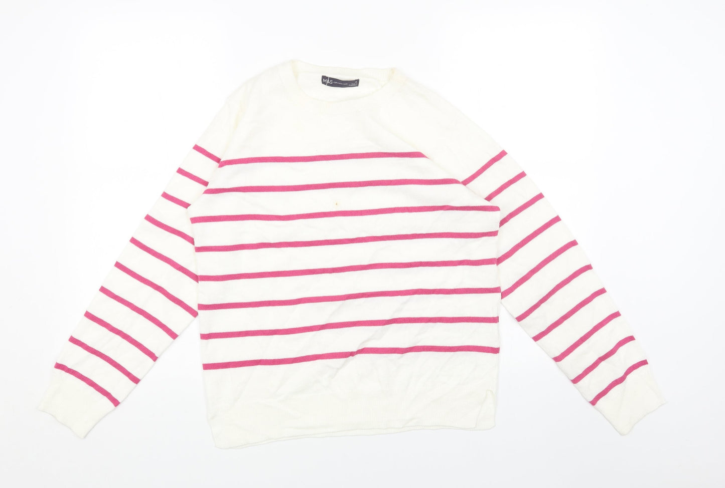 Marks and Spencer Womens White Round Neck Striped Acrylic Pullover Jumper Size 12