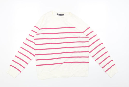 Marks and Spencer Womens White Round Neck Striped Acrylic Pullover Jumper Size 12