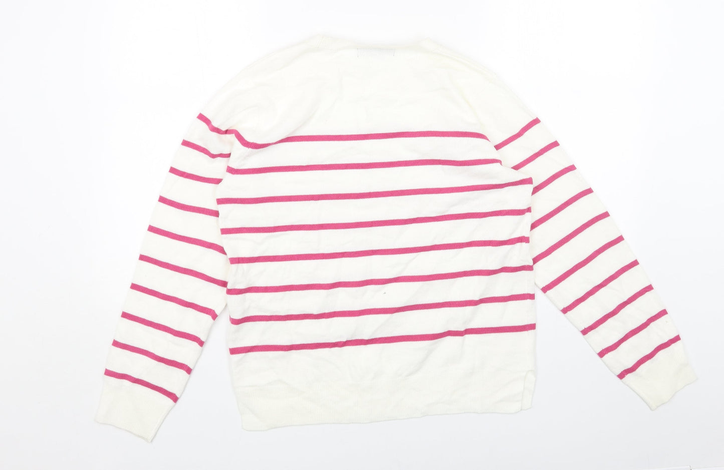 Marks and Spencer Womens White Round Neck Striped Acrylic Pullover Jumper Size 12