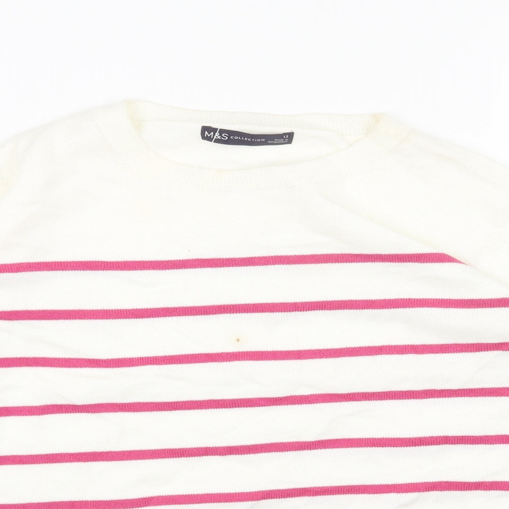 Marks and Spencer Womens White Round Neck Striped Acrylic Pullover Jumper Size 12