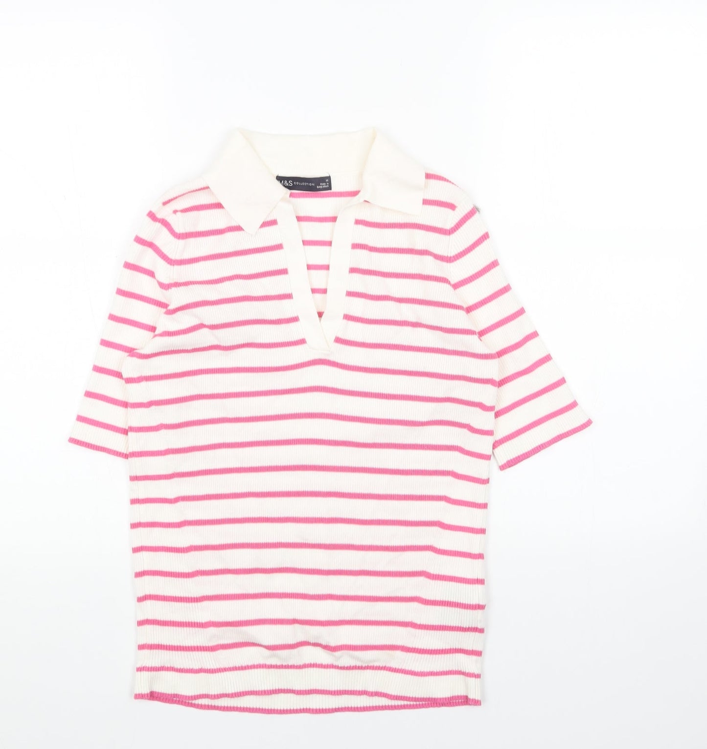 Marks and Spencer Womens Pink Collared Striped Cotton Pullover Jumper Size M - Ribbed
