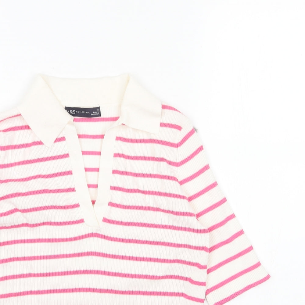 Marks and Spencer Womens Pink Collared Striped Cotton Pullover Jumper Size M - Ribbed