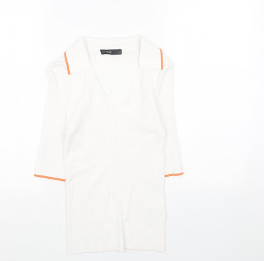 Marks and Spencer Womens White Collared Viscose Pullover Jumper Size 8 - Ribbed