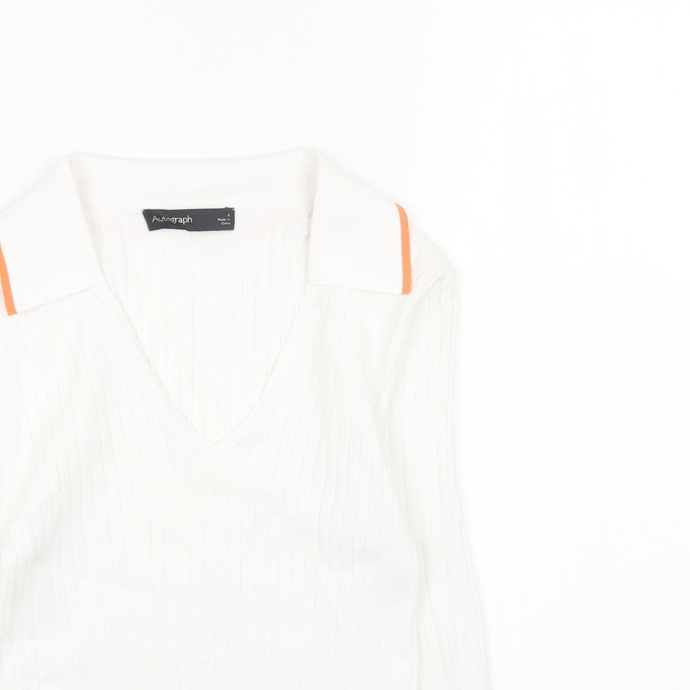Marks and Spencer Womens White Collared Viscose Pullover Jumper Size 8 - Ribbed