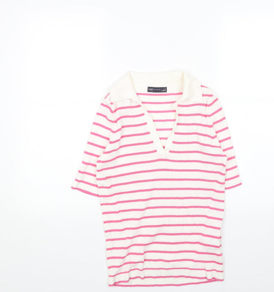 Marks and Spencer Womens White Collared Striped Acrylic Pullover Jumper Size M