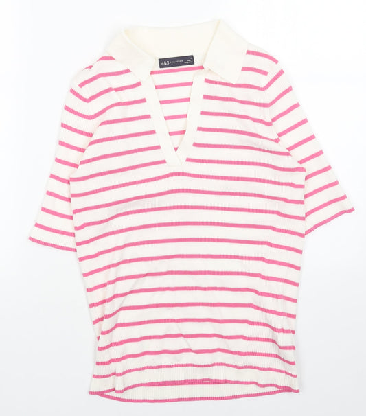 Marks and Spencer Womens White V-Neck Striped Acrylic Pullover Jumper Size M