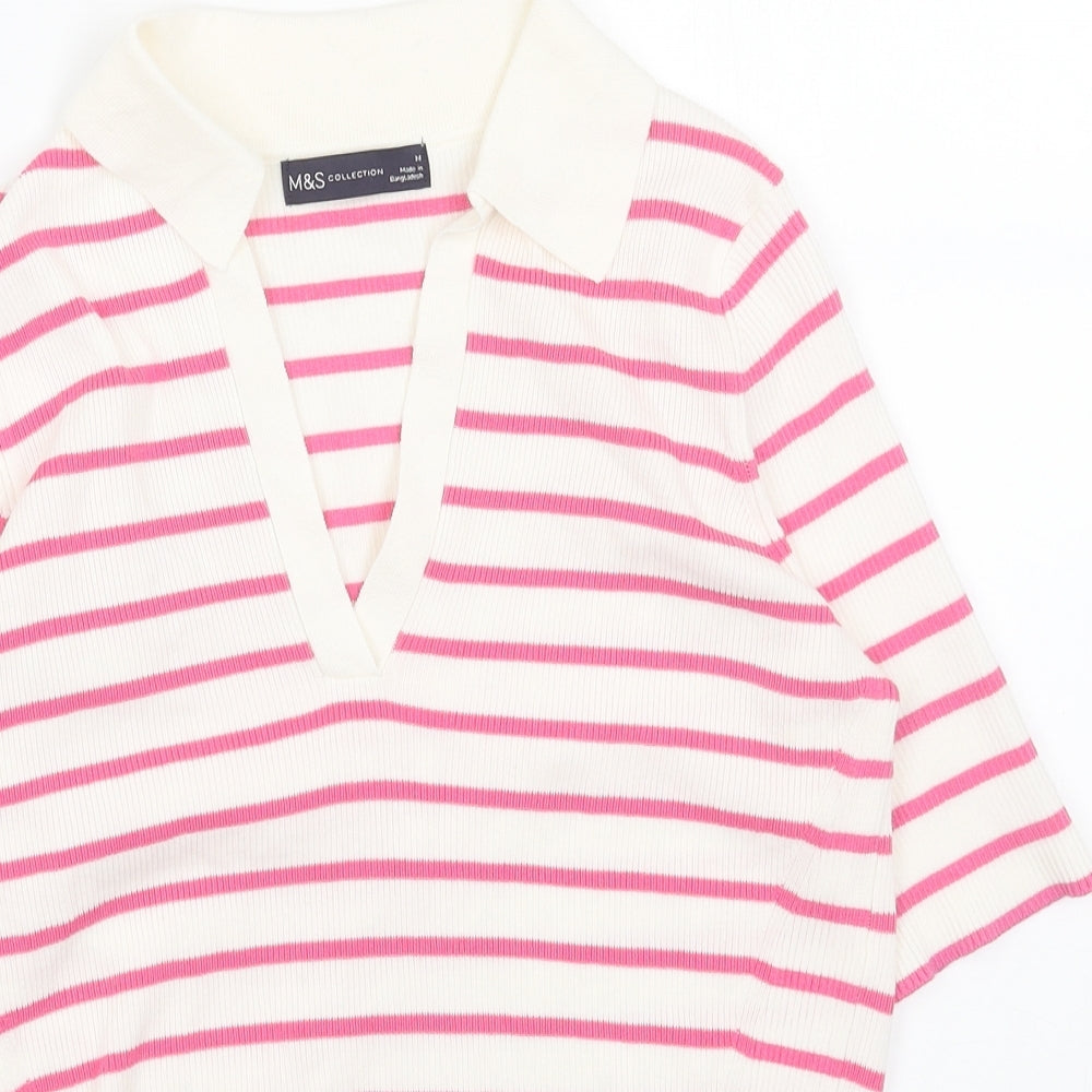Marks and Spencer Womens White V-Neck Striped Acrylic Pullover Jumper Size M