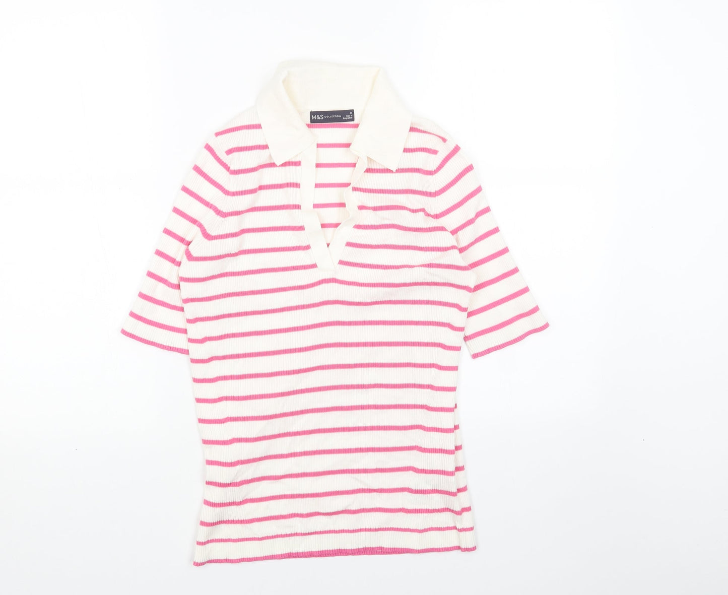 Marks and Spencer Womens Pink Collared Striped Acrylic Pullover Jumper Size M