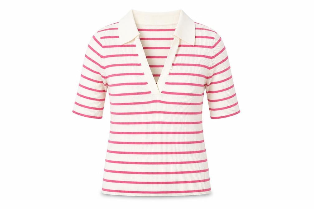 Marks & Spencer Womens Pink Collared Striped Acrylic Pullover Jumper Size M