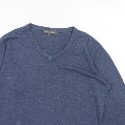 Marks & Spencer Mens Blue V-Neck Acrylic Pullover Jumper Size S