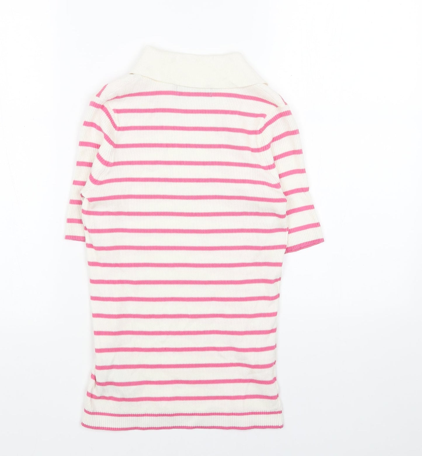 Marks and Spencer Womens White Collared Striped Cotton Pullover Jumper Size XS