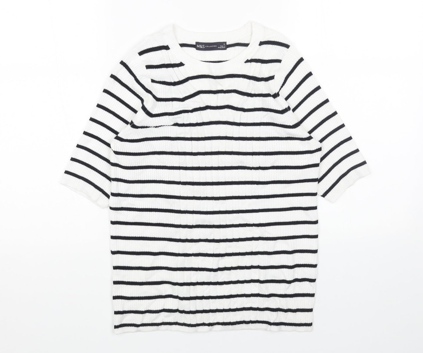 Marks and Spencer Womens White Scoop Neck Striped Cotton Pullover Jumper Size M - Ribbed