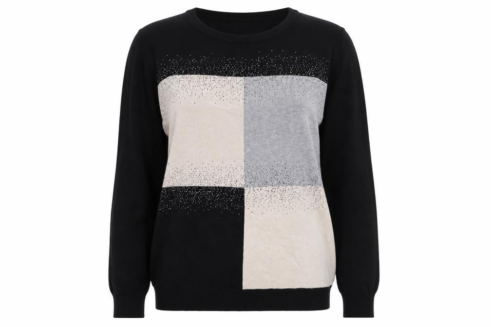 DIXIE Womens Black Scoop Neck Cotton Pullover Jumper Size L - Colourblock