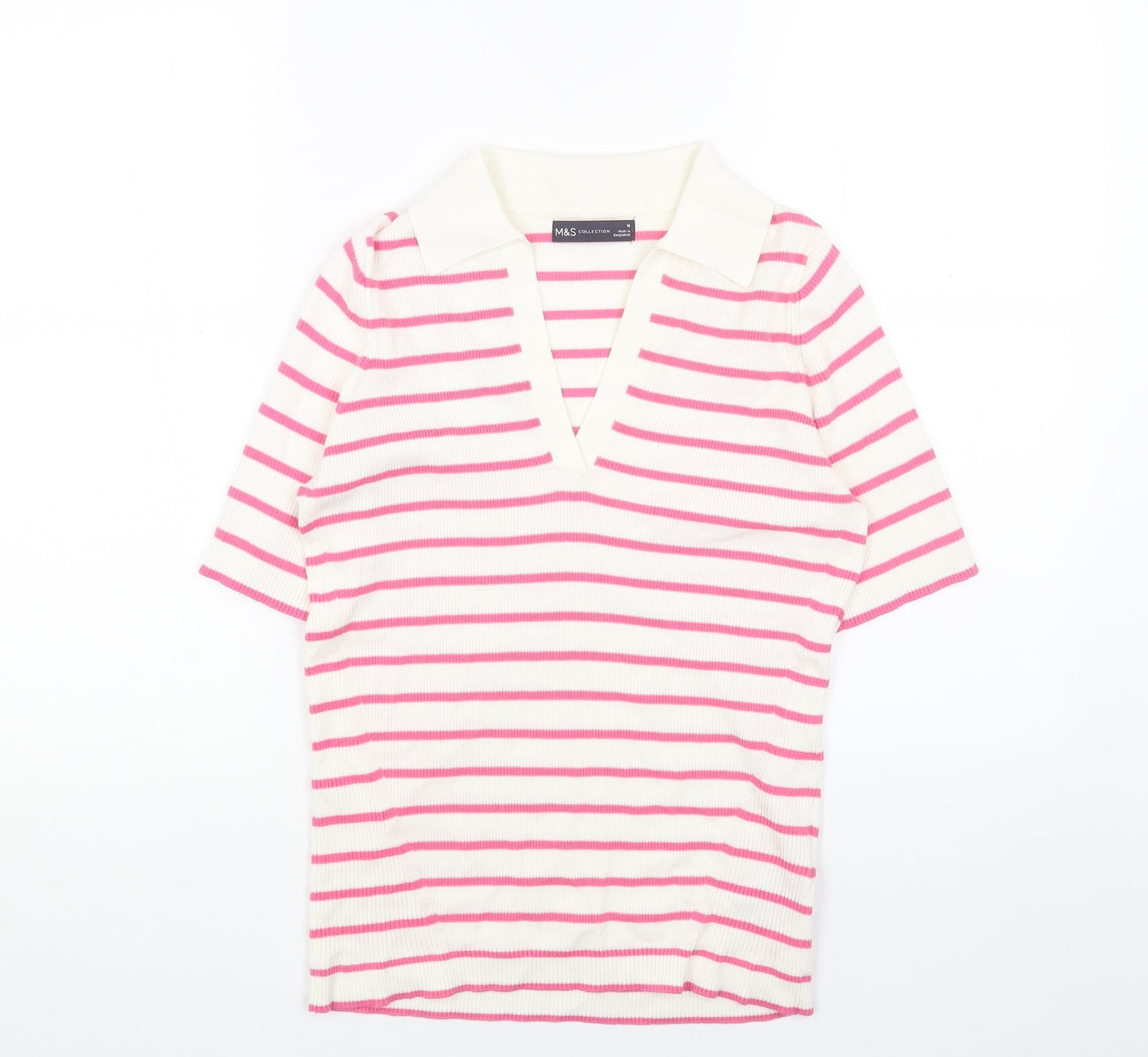 Marks and Spencer Womens Pink Collared Striped Cotton Pullover Jumper Size M - Ribbed Polo