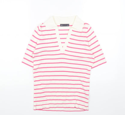 Marks & Spencer Womens Pink Collared Striped Cotton Pullover Jumper Size M - Ribbed Polo