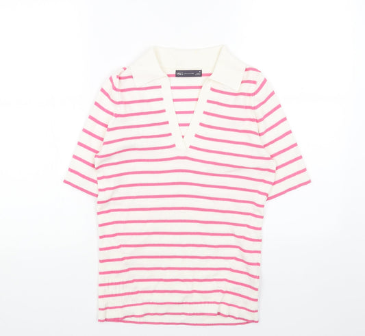Marks and Spencer Womens Pink Collared Striped Cotton Pullover Jumper Size M - Ribbed Polo