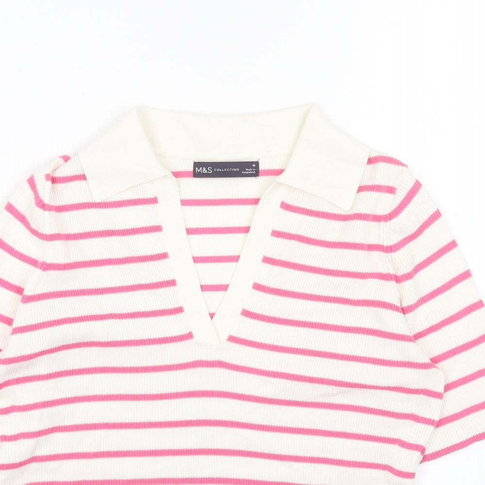 Marks and Spencer Womens Pink Collared Striped Cotton Pullover Jumper Size M - Ribbed Polo