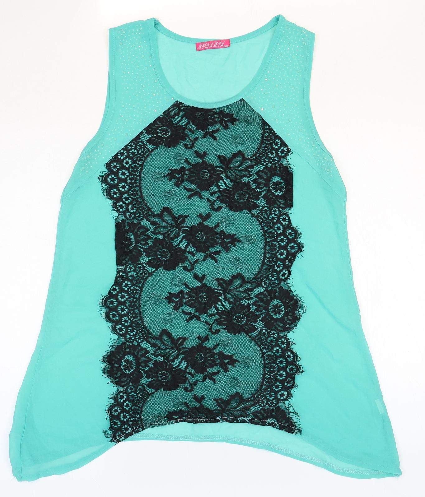 Preworn Womens Blue Floral Polyester Basic Blouse Size L Scoop Neck - Lace Detail, Size L/XL
