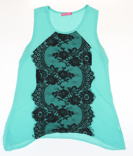 Preworn Womens Blue Floral Polyester Basic Blouse Size L Scoop Neck - Lace Detail, Size L/XL