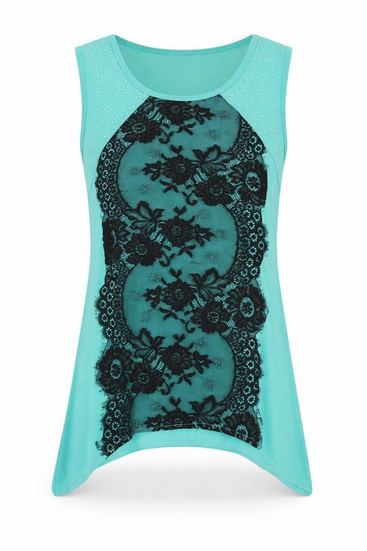 Preworn Womens Blue Floral Polyester Basic Blouse Size L Scoop Neck - Lace Detail, Size L/XL