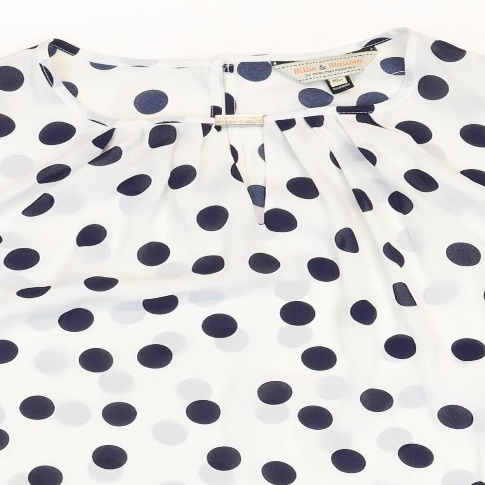 BIllie & Blossom Womens White Polka Dot Polyester Basic Blouse Size 10 Boat Neck