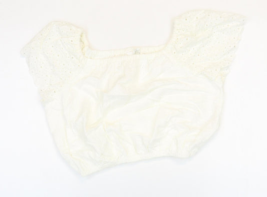 Marks and Spencer Girls White 100% Cotton Cropped T-Shirt Size 12-13 Years Square Neck Pullover