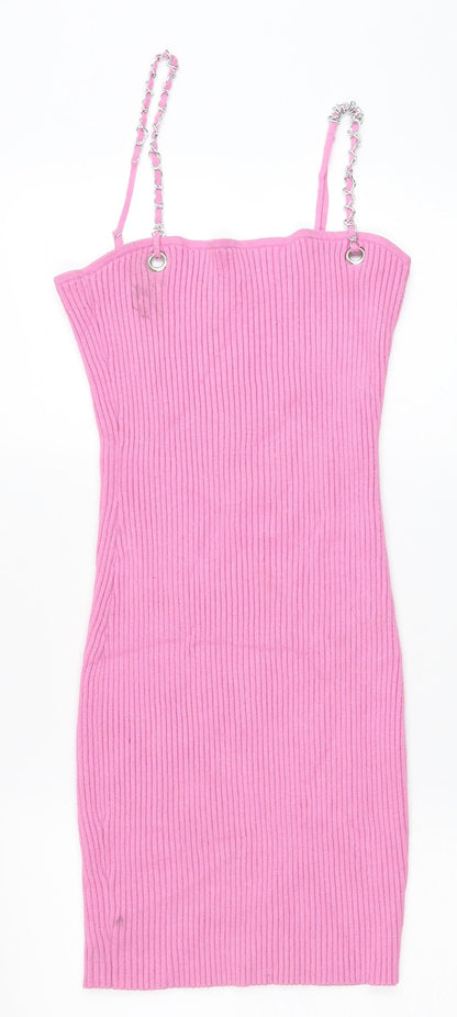Womens Pink Viscose Bodycon Size L Square Neck Pullover - Chain Straps Ribbed