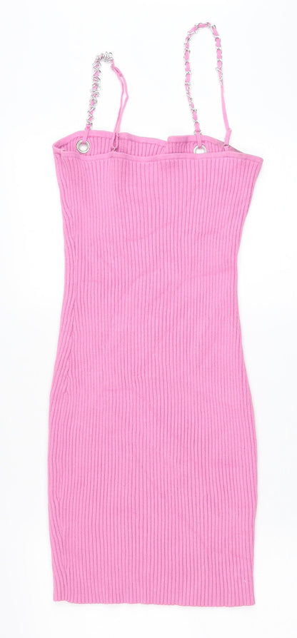 Womens Pink Viscose Bodycon Size L Square Neck Pullover - Chain Straps Ribbed