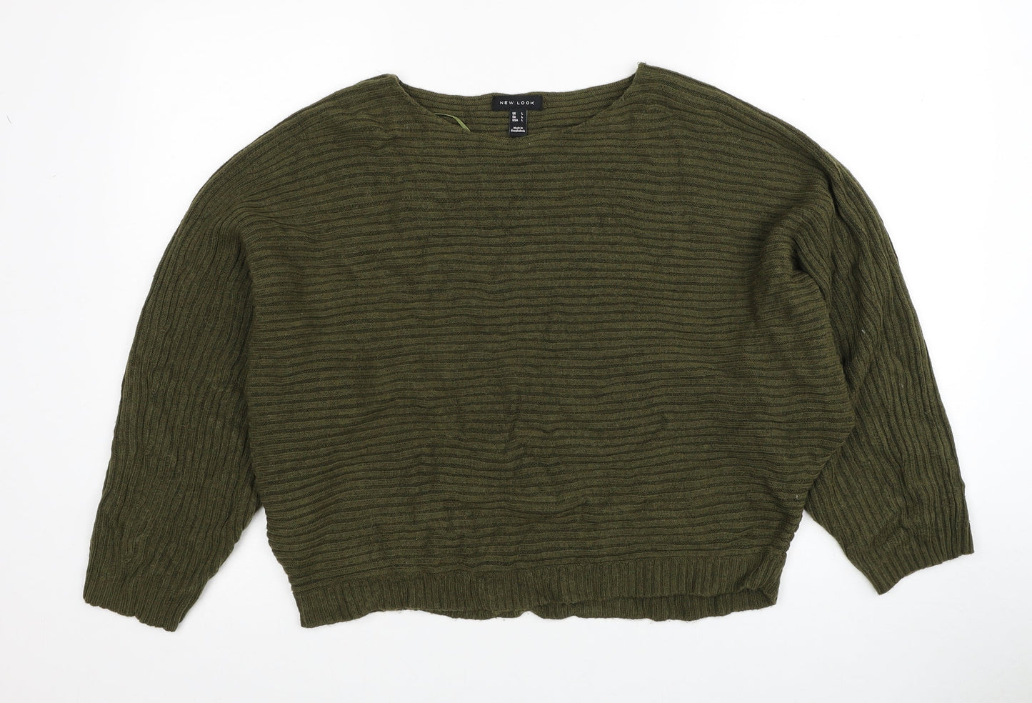 New Look Womens Green Boat Neck Acrylic Pullover Jumper Size L - Ribbed