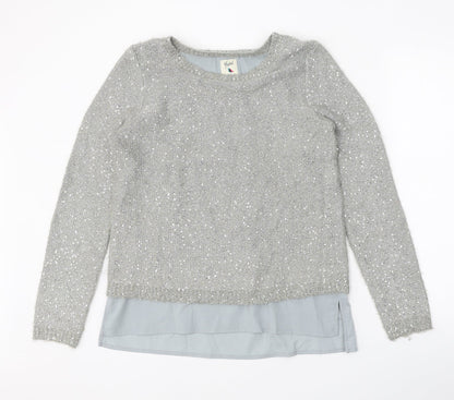 Yumi Womens Grey Scoop Neck Polyester Pullover Jumper Size S - Chiffon Hem