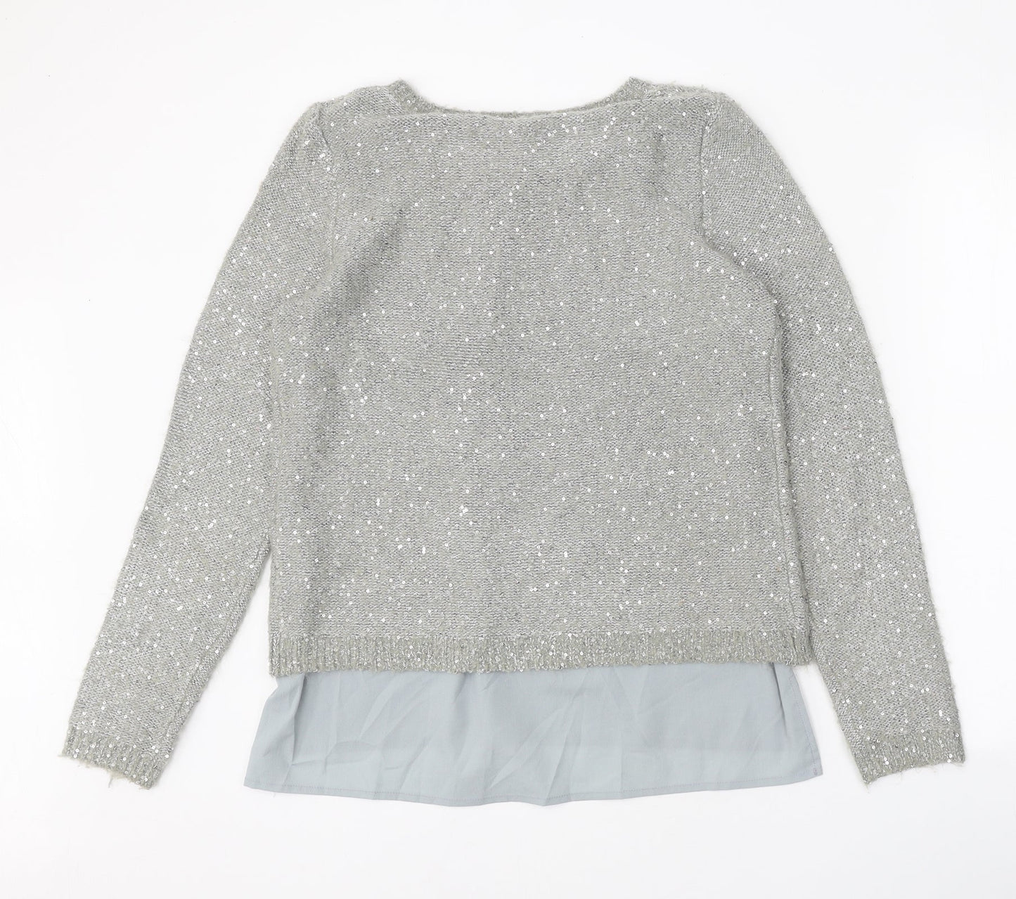 Yumi Womens Grey Scoop Neck Polyester Pullover Jumper Size S - Chiffon Hem
